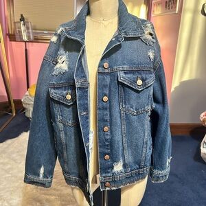 Celebrity Pink Light Blue Denim Jacket with Teach embroidered on the back